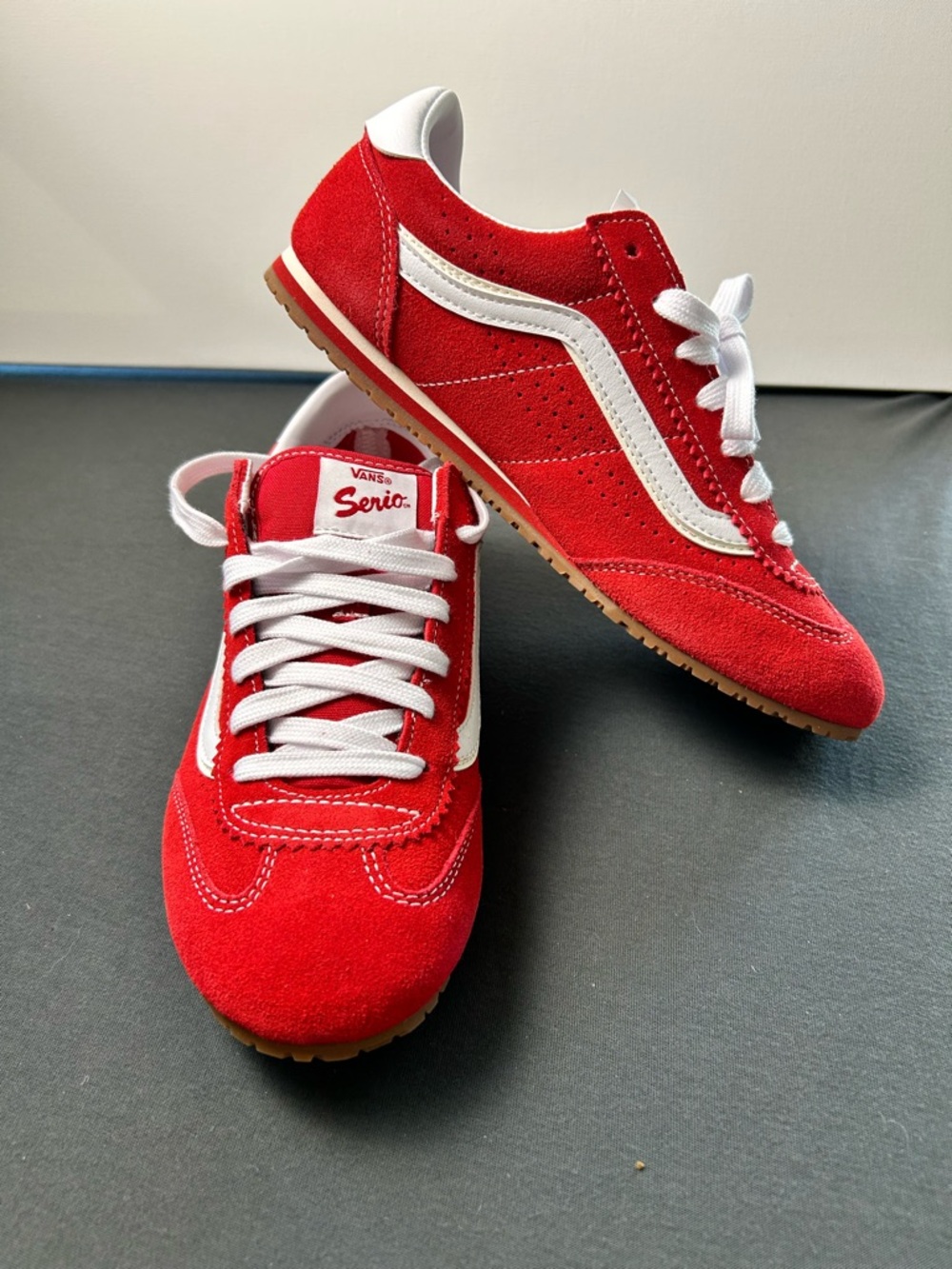 Vans Super Lowpro Red Suede Sneakers with White Stripe (F0114)